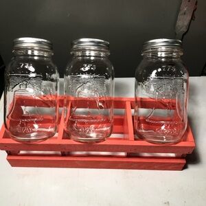 Set of Three Mason Jars with Metal Lids in Wooden Holder